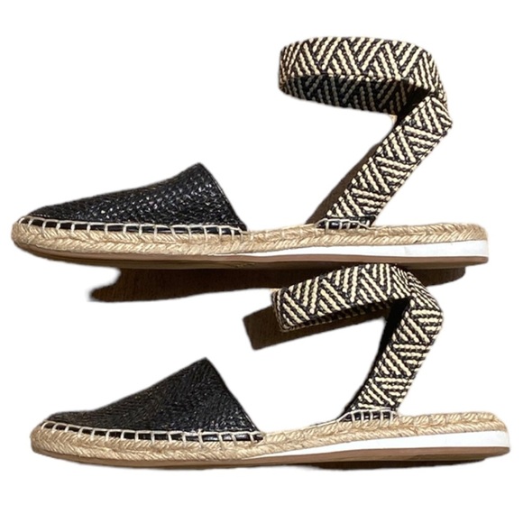 Lucky Brand Sandals Womens 9M Black Cream Renka Espadrille Woven Ankle Strap - Picture 1 of 9